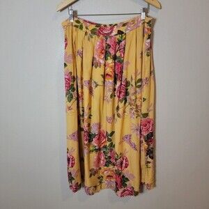 Vintage Yellow and pink floral rose pleated pockets maxi Skirt